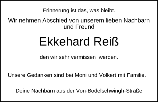 Traueranzeige von Ekkehard Reiß von Nordwest-Zeitung