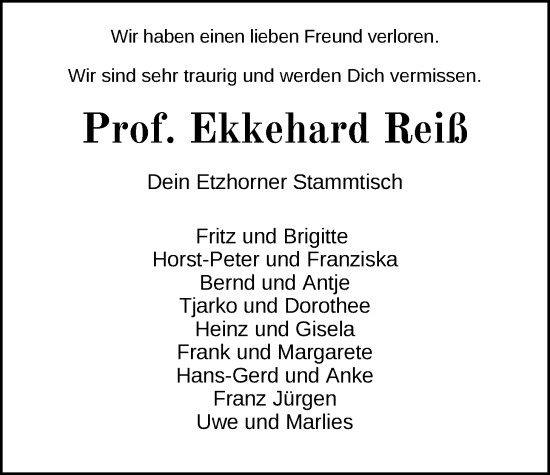 Traueranzeige von Ekkehard Reiß von Nordwest-Zeitung