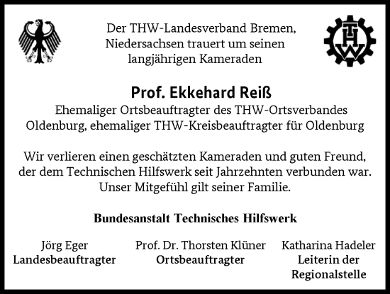 Traueranzeige von Ekkehard Reiß von Nordwest-Zeitung