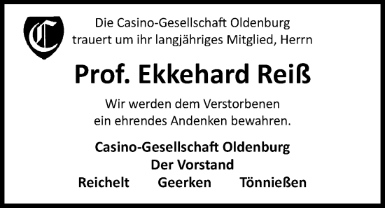 Traueranzeige von Ekkehard Reiß von Nordwest-Zeitung