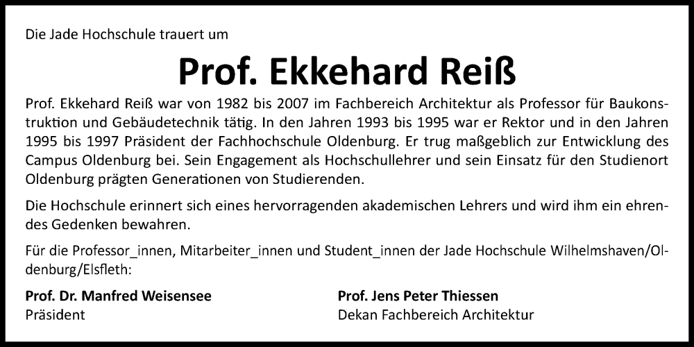  Traueranzeige für Ekkehard Reiß vom 25.10.2025 aus Nordwest-Zeitung