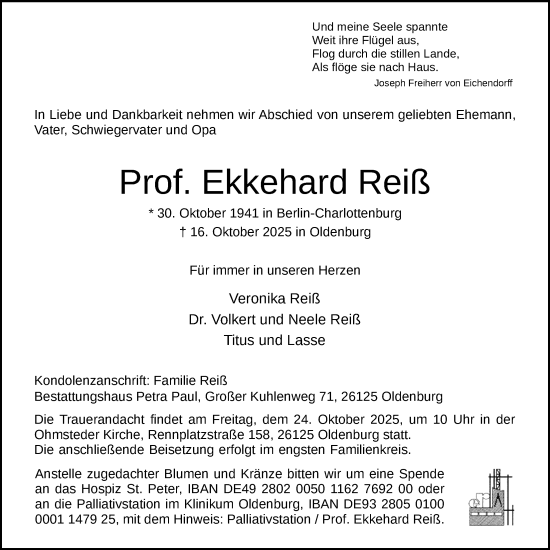 Traueranzeige von Ekkehard Reiß von Nordwest-Zeitung