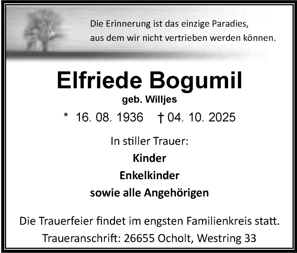  Traueranzeige für Elfriede Bogumil vom 11.10.2025 aus Nordwest-Zeitung