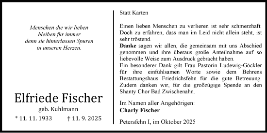 Traueranzeige von Elfriede Fischer von Nordwest-Zeitung