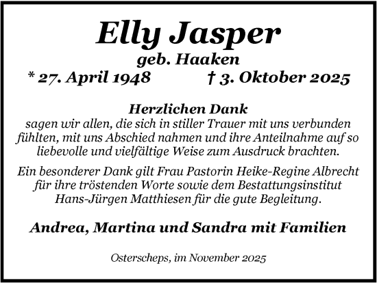 Traueranzeige von Elly Jasper von Nordwest-Zeitung
