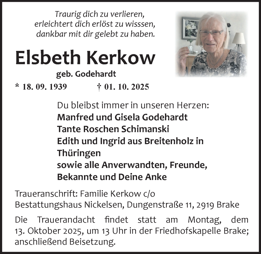  Traueranzeige für Elsbeth Kerkow vom 08.10.2025 aus Nordwest-Zeitung
