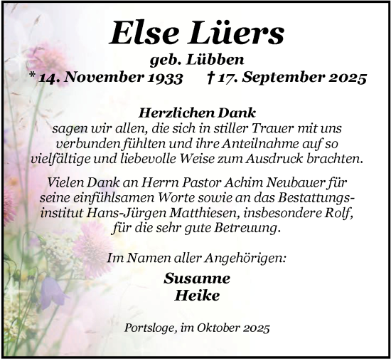 Traueranzeige von Else Lüers von Nordwest-Zeitung