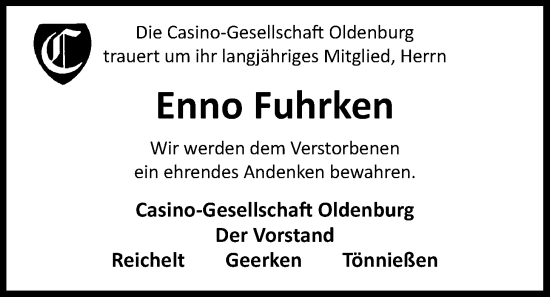 Traueranzeige von Enno Fuhrken von Nordwest-Zeitung