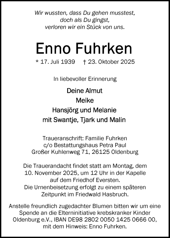 Traueranzeige von Enno Fuhrken von Nordwest-Zeitung