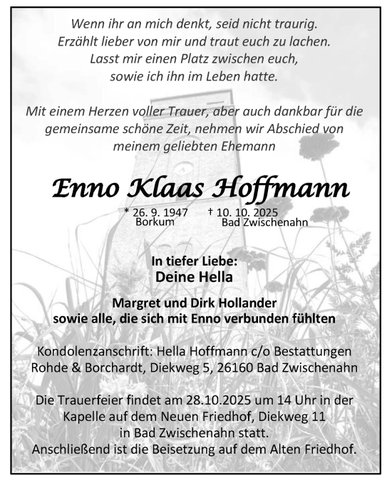 Traueranzeige von Enno Klaas Hoffmann von Nordwest-Zeitung