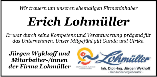 Traueranzeige von Erich Lohmüller von Nordwest-Zeitung