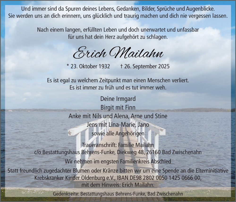  Traueranzeige für Erich Mailahn vom 11.10.2025 aus Nordwest-Zeitung