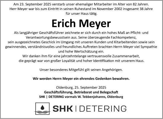 Traueranzeige von Erich Meyer von Nordwest-Zeitung