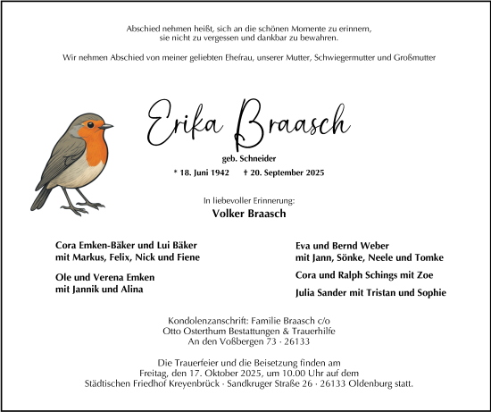 Traueranzeige von Erika Braasch von Nordwest-Zeitung