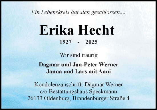 Traueranzeige von Erika Hecht von Nordwest-Zeitung