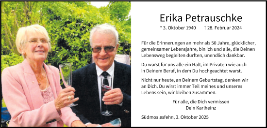 Traueranzeige von Erika Petrauschke von Nordwest-Zeitung