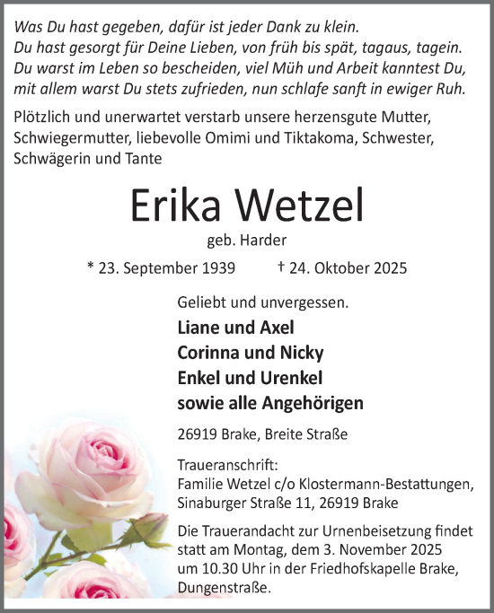 Traueranzeige von Erika Wetzel von Nordwest-Zeitung