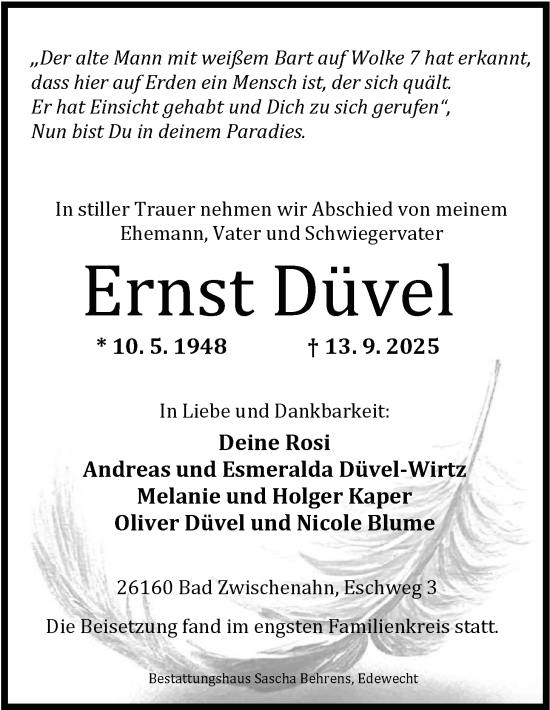 Traueranzeige von Ernst Düvel von Nordwest-Zeitung