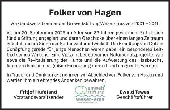 Traueranzeige von Folker von Hagen von Nordwest-Zeitung