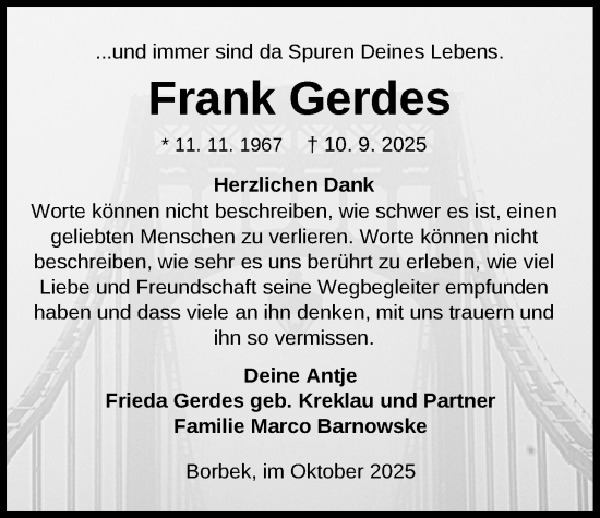 Traueranzeige von Frank Gerdes von Nordwest-Zeitung