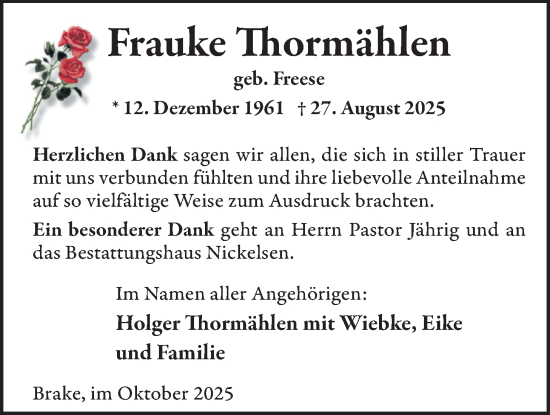 Traueranzeige von Frauke Thormählen von Nordwest-Zeitung