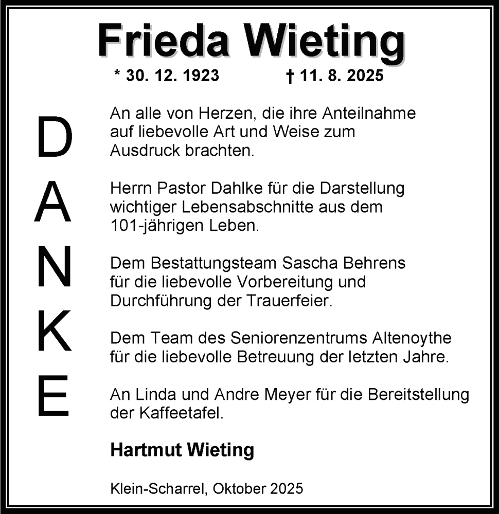  Traueranzeige für Frieda Wieting vom 24.10.2025 aus Nordwest-Zeitung