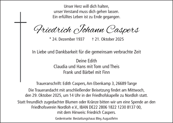 Traueranzeige von Friedrich Johann Caspers von Nordwest-Zeitung