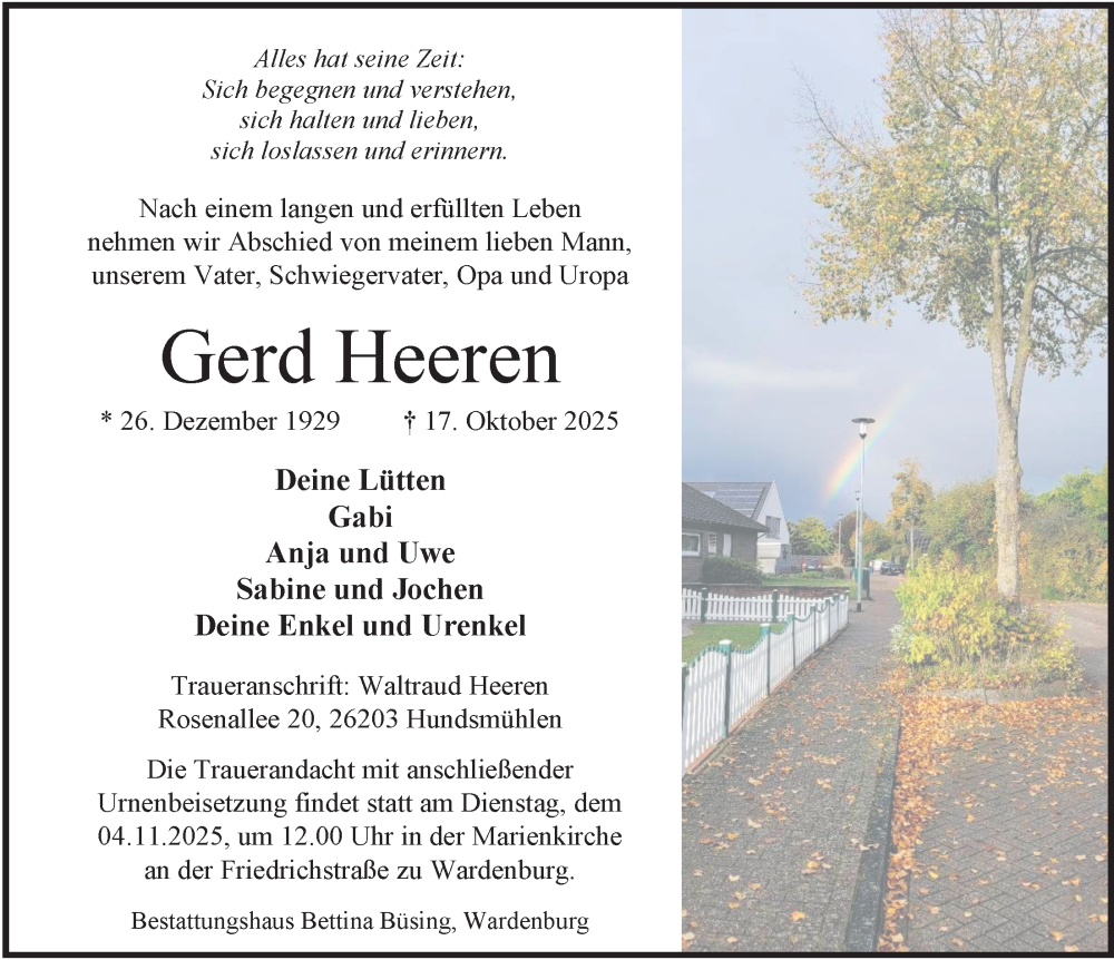  Traueranzeige für Gerd Heeren vom 30.10.2025 aus Nordwest-Zeitung
