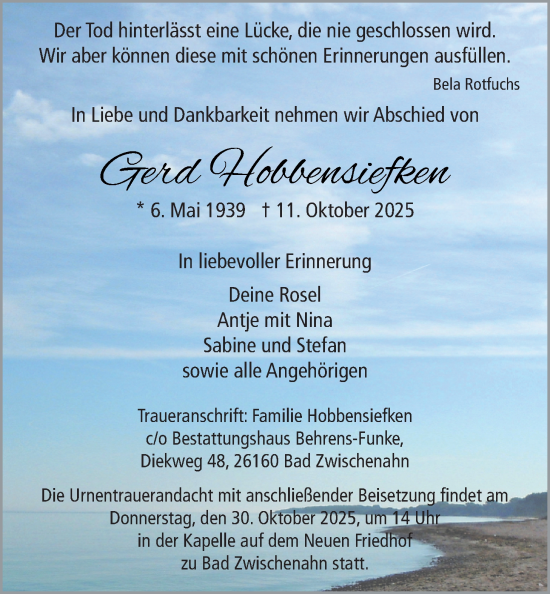 Traueranzeige von Gerd Hobbensiefken von Nordwest-Zeitung