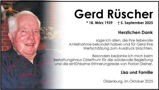 Traueranzeige von Gerd Rüscher von Nordwest-Zeitung