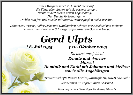 Traueranzeige von Gerd Ulpts von Nordwest-Zeitung
