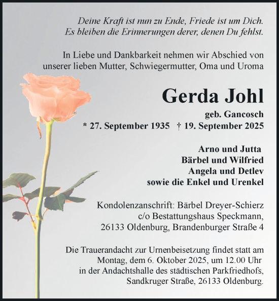 Traueranzeige von Gerda Johl von Nordwest-Zeitung