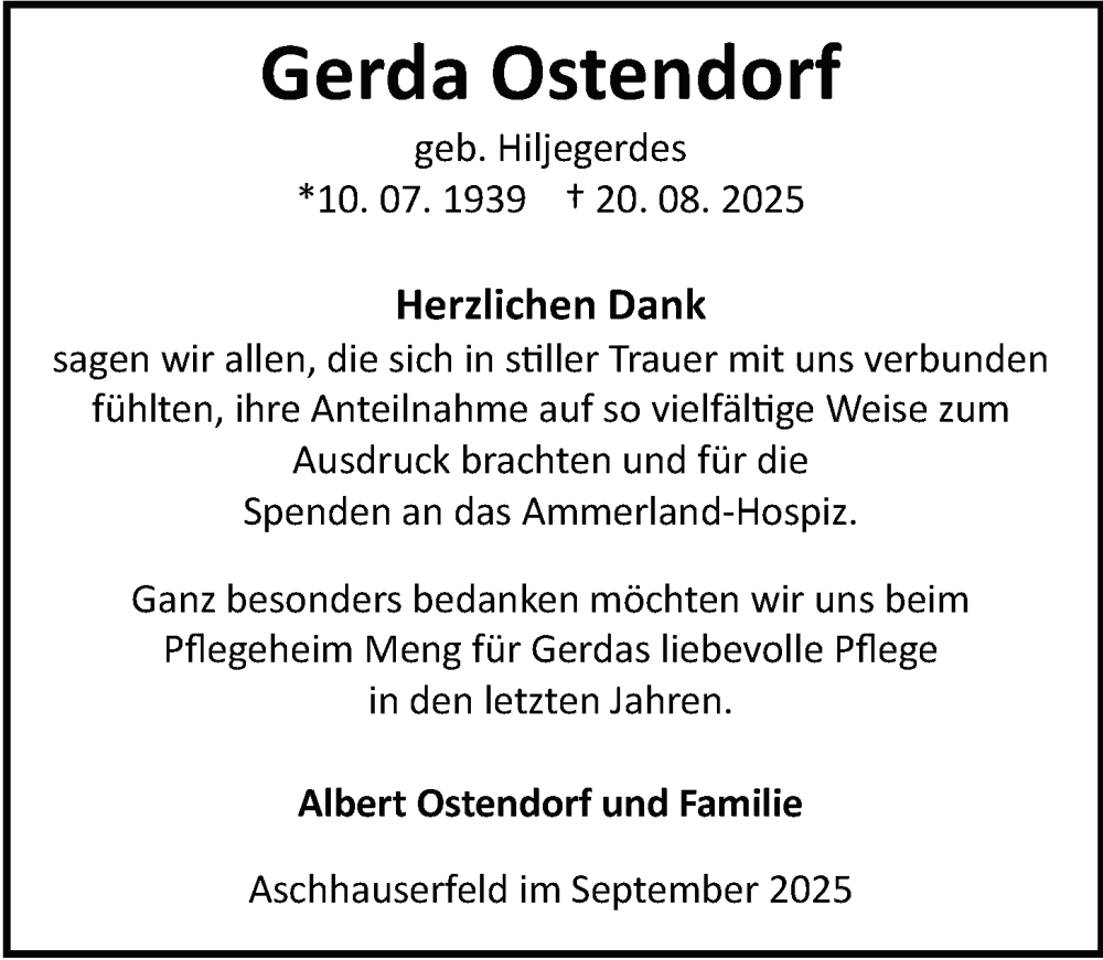  Traueranzeige für Gerda Ostendorf vom 02.10.2025 aus Nordwest-Zeitung