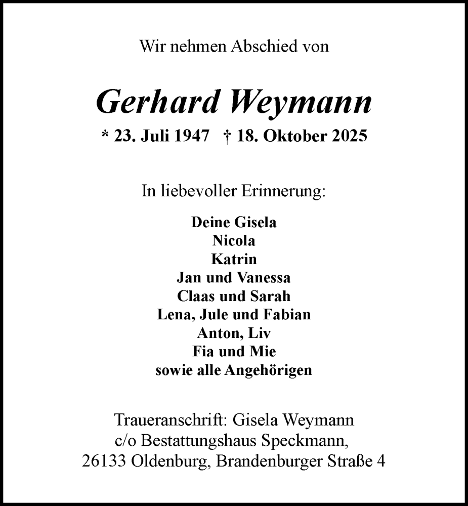  Traueranzeige für Gerhard Weymann vom 25.10.2025 aus Nordwest-Zeitung