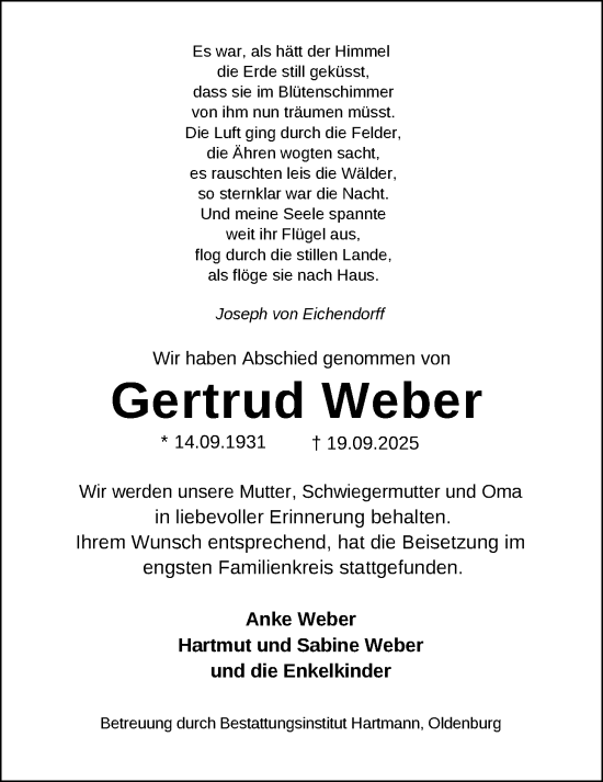 Traueranzeige von Gertrud Weber von Nordwest-Zeitung