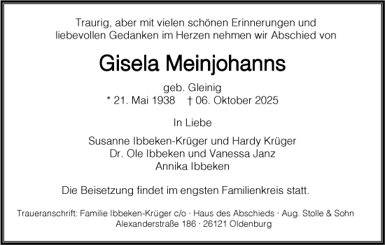 Traueranzeige von Gisela Meinjohanns von Nordwest-Zeitung