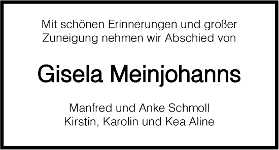 Traueranzeige von Gisela Meinjohanns von Nordwest-Zeitung
