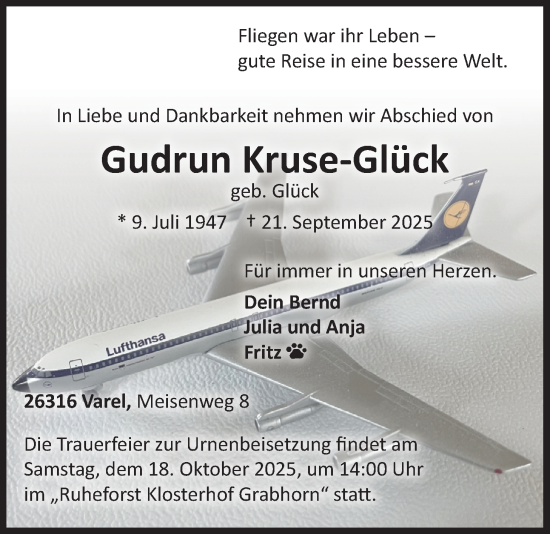 Traueranzeige von Gudrun Kruse-Glück von Nordwest-Zeitung