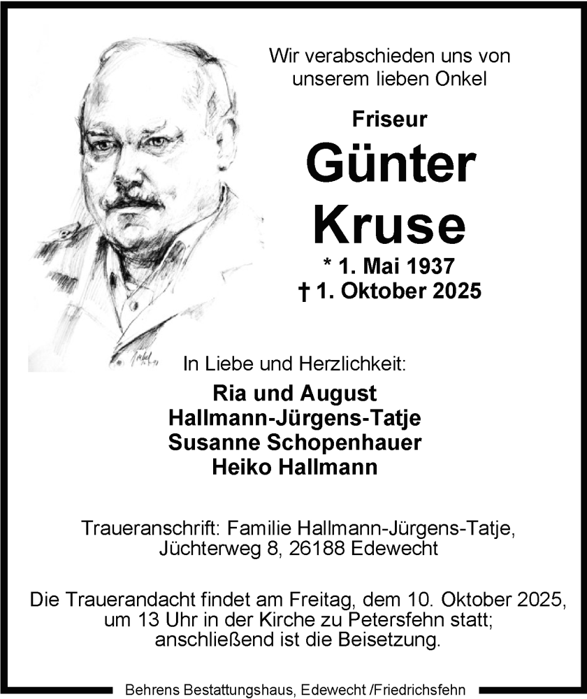  Traueranzeige für Günter Kruse vom 07.10.2025 aus Nordwest-Zeitung