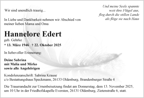 Traueranzeige von Hannelore Edert von Nordwest-Zeitung