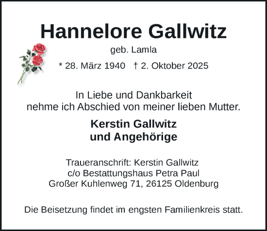 Traueranzeige von Hannelore Gallwitz von Nordwest-Zeitung