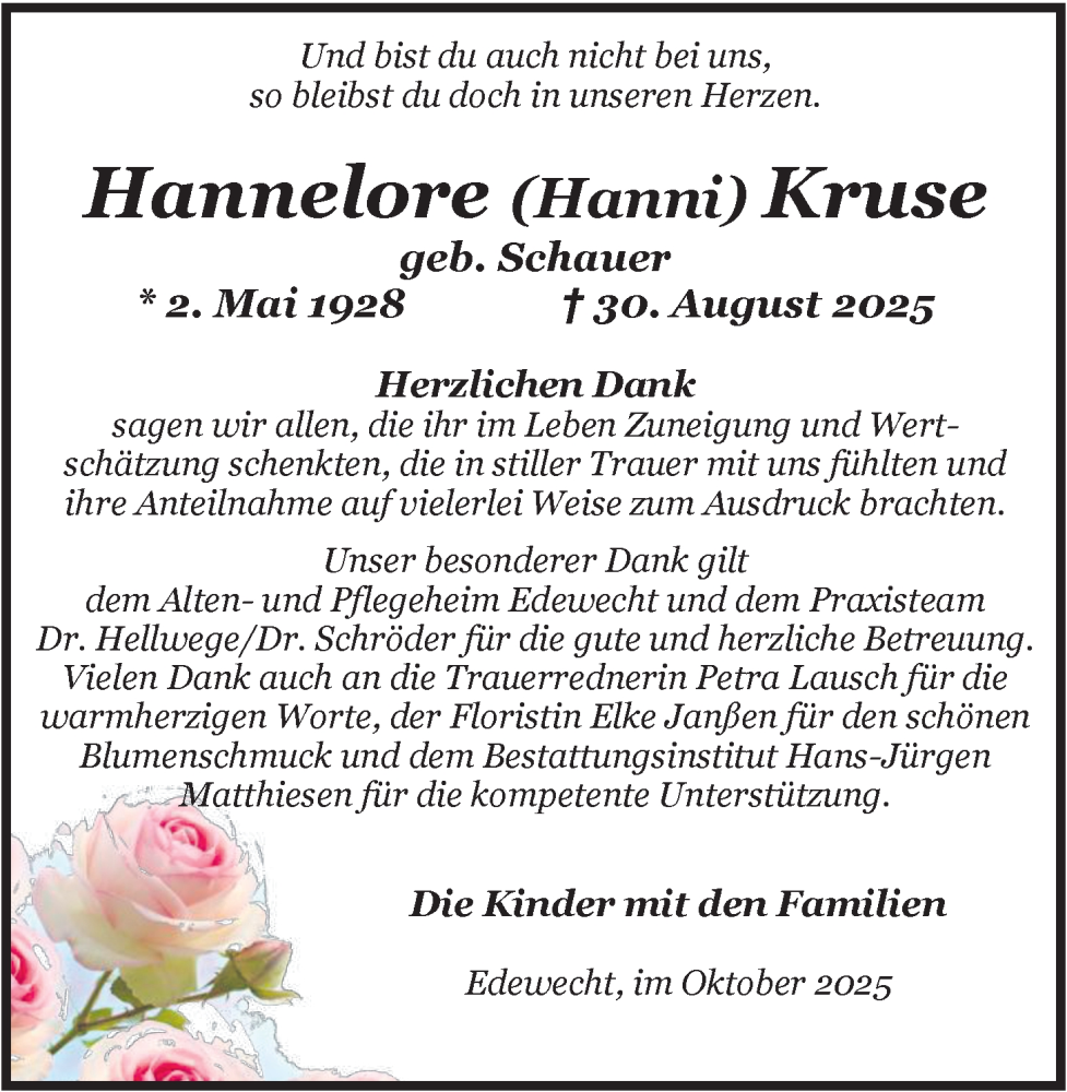  Traueranzeige für Hannelore Kruse vom 11.10.2025 aus Nordwest-Zeitung