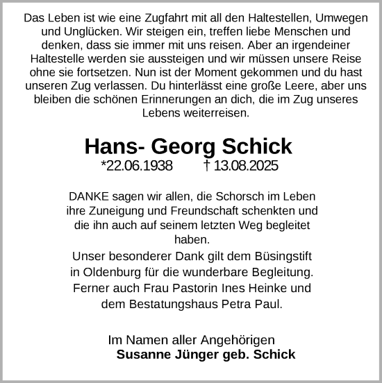 Traueranzeige von Hans-Georg Schick von Nordwest-Zeitung