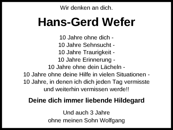Traueranzeige von Hans-Gerd Wefer von Nordwest-Zeitung