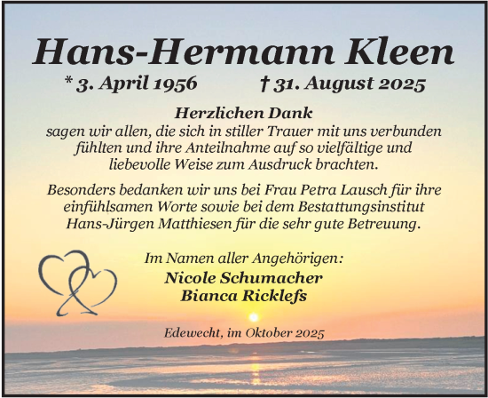 Traueranzeige von Hans-Hermann Kleen von Nordwest-Zeitung
