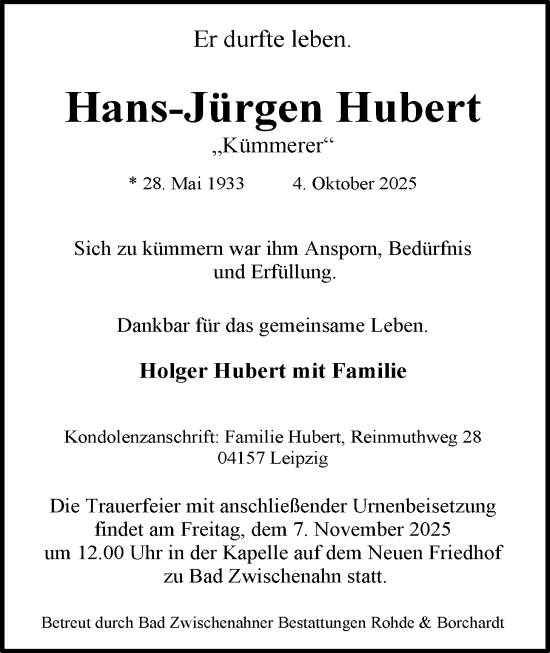 Traueranzeige von Hans-Jürgen Hubert von Nordwest-Zeitung