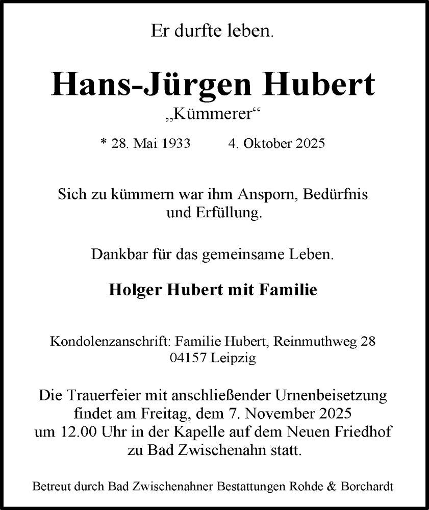  Traueranzeige für Hans-Jürgen Hubert vom 18.10.2025 aus Nordwest-Zeitung