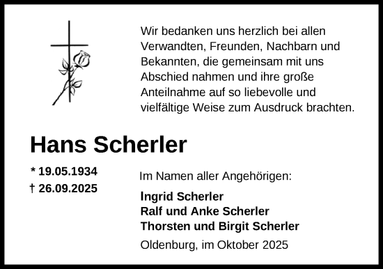 Traueranzeige von Hans Scherler von Nordwest-Zeitung