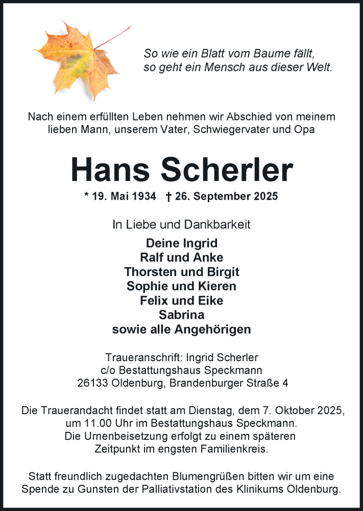  Traueranzeige für Hans Scherler vom 04.10.2025 aus Nordwest-Zeitung