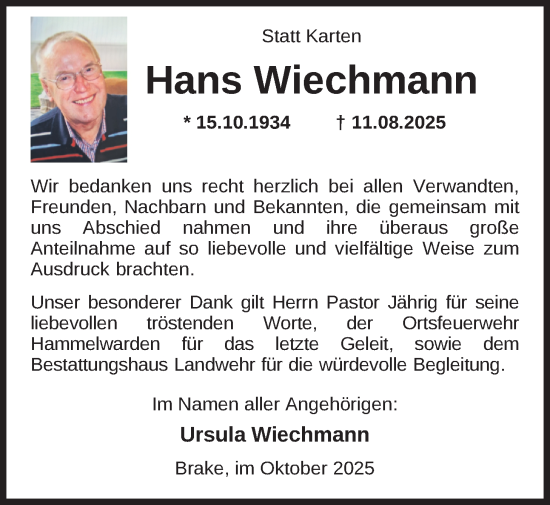 Traueranzeige von Hans Wiechmann von Nordwest-Zeitung